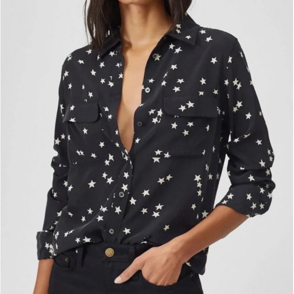 Bar III Black White Star Print Button Down Blouse Celestial Long Sleeve | Medium